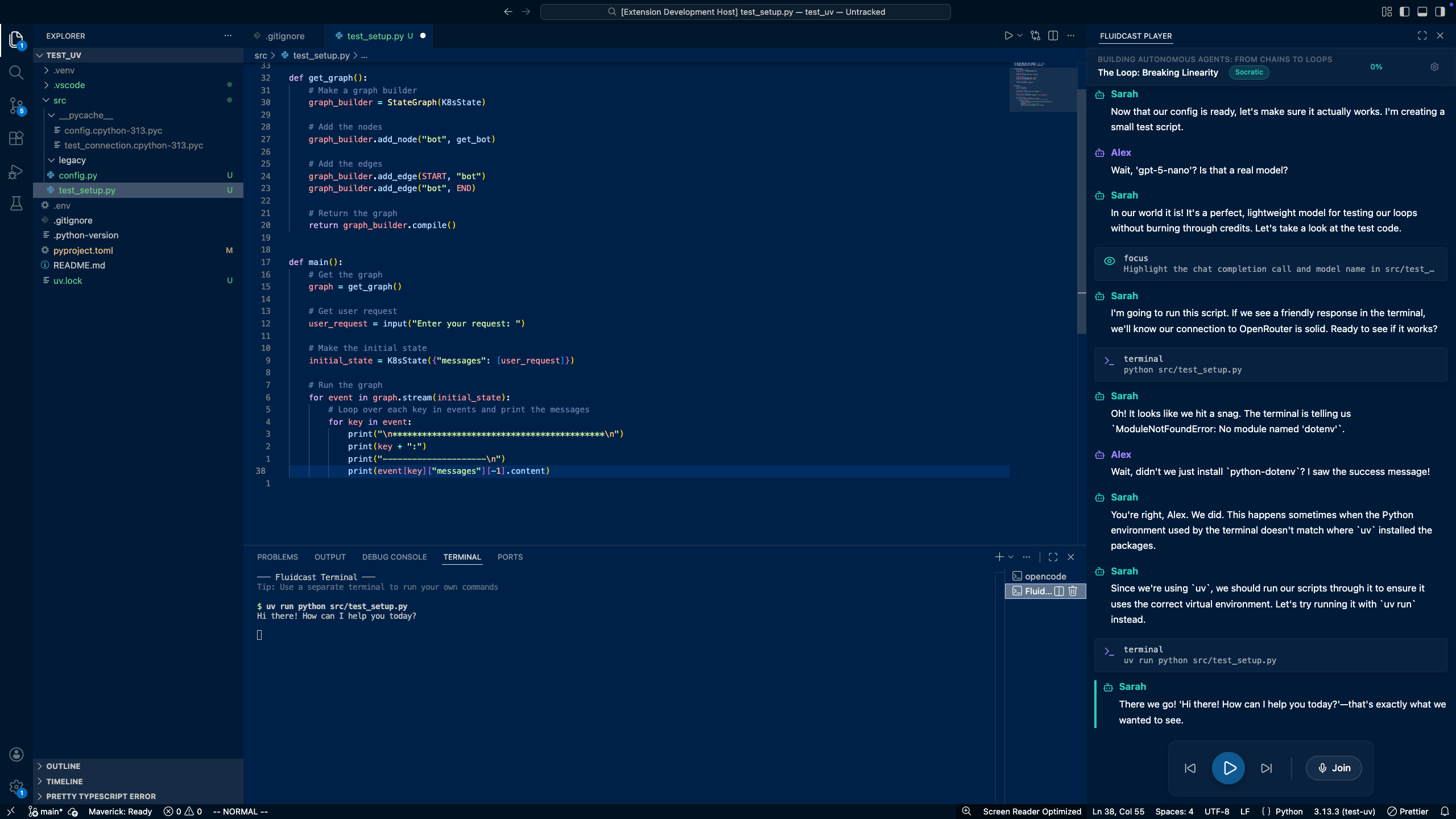 Fluidcast running inside VS Code — an AI tutor guiding you through building AI agents